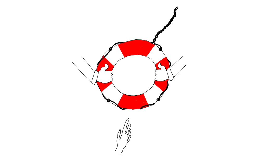 Two hands hold on to a life ring buoy