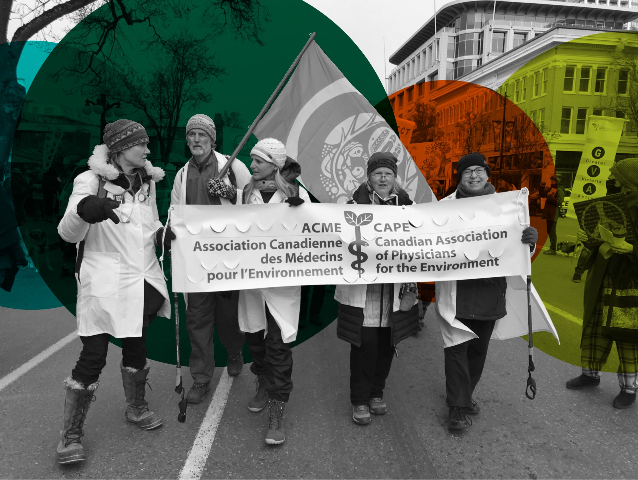 Doctors and CAPE members holding a banner while walking with CAPE/ACME's logo